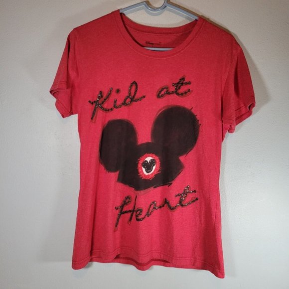 Mickey Mouse T Shirt Womens Small Kid at Heart Walt Disney Short Sleeve Red - Picture 1 of 3